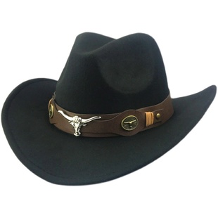 西部牛仔礼帽民族风牛标卷檐复古骑马帽子毛呢毡帽 Cowboy Hat