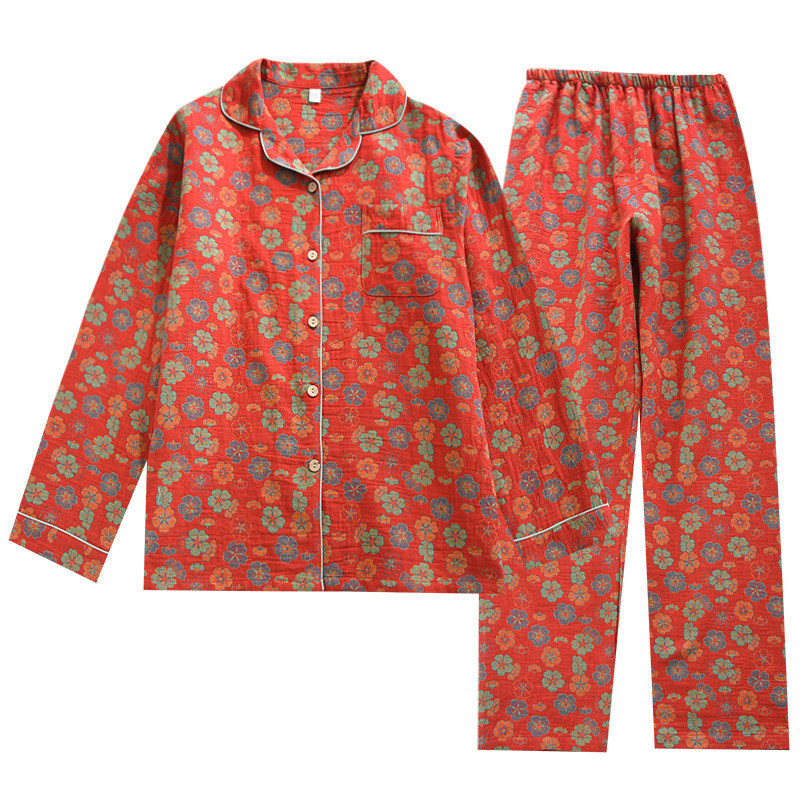 红色睡衣女本命年春秋套装 中老年纯棉纱布大码色织提花家居服
