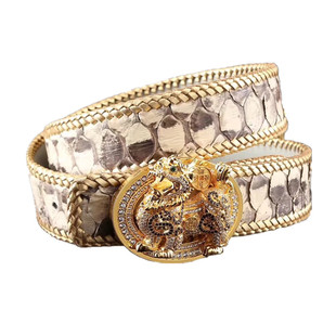 进口蟒蛇皮皮带貔貅腰带扣男士真皮手工金边编织青年钢扣镶钻裤带