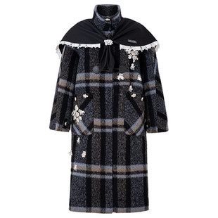 【年货狂欢季】4MILE BY KSMILE 格纹海军领披肩立体花朵羊毛大衣