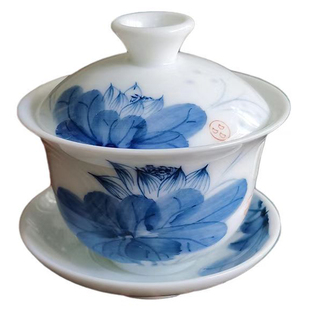 青花小号陶瓷白瓷羊脂玉素烧薄胎手绘三才盖碗家用功夫茶泡茶单个