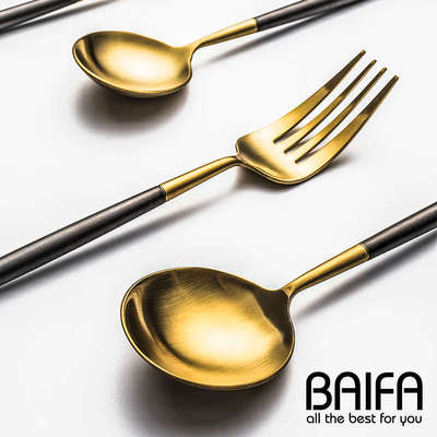 欧式高档金色304拉丝黑柄家用西餐牛排刀叉两件套餐具套装 牛排刀