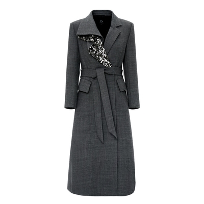 IDPAN珠片中长款大衣女25冬通勤职场高级感灰色气质外套