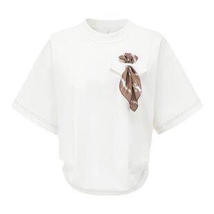 【SALE】【deepmoss】女士优雅时尚休闲光晕丝巾结打褶百搭T恤