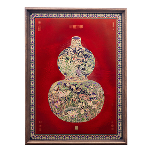 福禄临门新中式入户玄关装饰画沙发背景墙挂画实木框艺术手工烧制