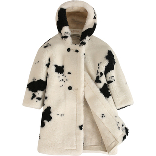 6%真羊毛儿童外套皮毛一体大衣羊羔绒加厚长款连帽男女童亲子冬装