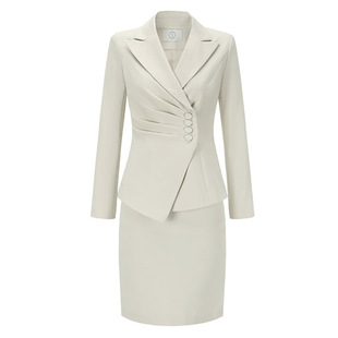 AD播音主持人艺考服装女米白色正装收腰褶皱西服ol气质通勤职业装