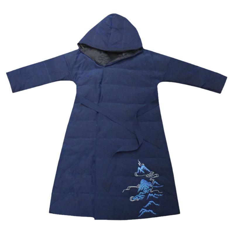 复古香云纱长款连帽纯手工羽绒服