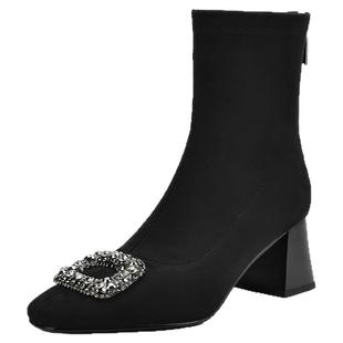 星期六粗跟方头水钻方扣短筒弹力靴小个子显瘦百搭瘦瘦靴短靴女