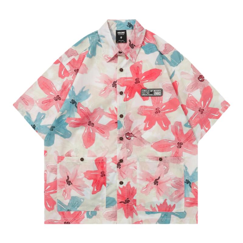 JIANYINZ美式复古潮牌涂鸦花卉短袖衬衫男女宽松夏威夷情侣花衬衣