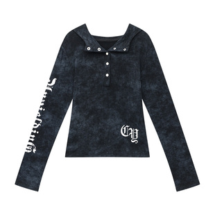 秋冬新款黑色扎染连帽长袖T恤女字母印花修身显瘦百搭打底衫上衣