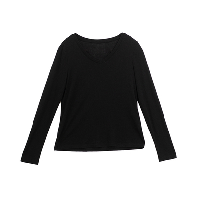 忘城N869座/黑色咏叹/秋款天丝羊毛软糯柔顺黑色V领T恤打底上衣女