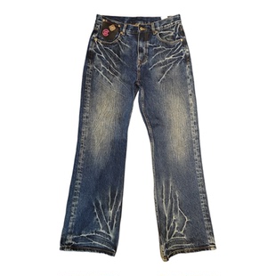 陈冠希clot风格蝴蝶517未来微喇宽松14oz重磅厚料重工水洗牛仔裤