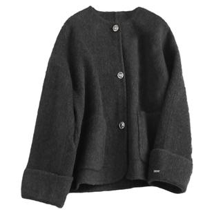 灰色双面羊绒大衣女2024冬季短款宽松无领长袖纽扣女毛呢外套F837