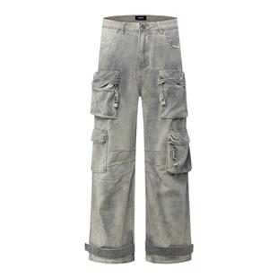 BTSG美式复古沙丘废土风做旧脏染多口袋牛仔裤宽松直筒阔腿工装裤