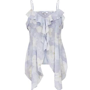 ONLY夏季不规则飘逸荷叶边碎花V领细吊带收腰雪纺衫上衣女