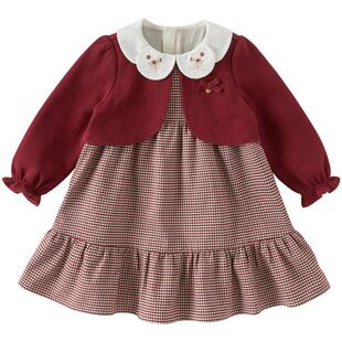 戴维贝拉儿童连衣裙秋季2026新款女童红色公主裙假两件女宝裙子