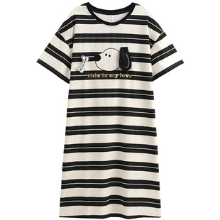 芬腾女款睡裙夏季纯棉短袖睡衣裙女新款条纹可外穿休闲大码家居服