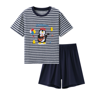 儿童莫代尔睡衣女童家居服女孩空调服可外穿套装条纹卡通短袖大童