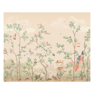 美式田园花鸟壁纸自粘防水可擦洗墙纸中式屏风改造卫生间遮丑贴纸