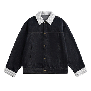 迈特优美式复古拼接领格纹撞色丹宁牛仔外套男春秋季上衣开衫夹克