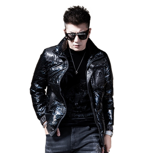 BM镭射亮面潮牌拼皮羽绒服男2021年新款高级感外套男轻奢冬装短款