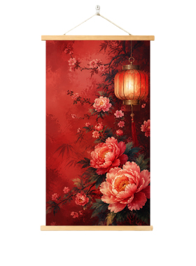 新中式国风红色牡丹华灯富贵挂画客厅卷轴装饰画喜庆玄关墙面壁画