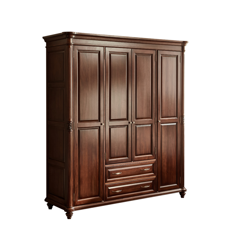 美式乡村奢华复古桃花心木全实木四门衣柜别墅大平层开门大衣橱