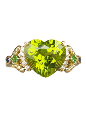 满火彩心形橄榄石戒指女镶嵌镀S925银甜美潮流高级气质可调节指环