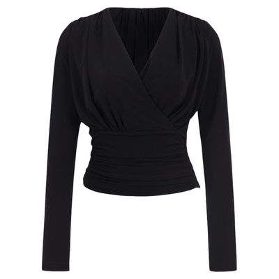 法式设计感气质褶皱黑色短款上衣