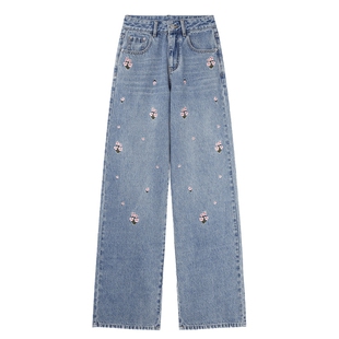可可尼COCOON2025秋季新款新中式花朵刺绣设计感蓝色直筒牛仔裤女