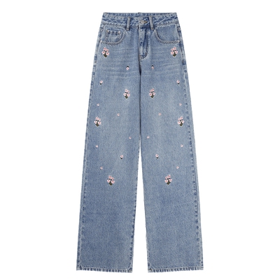 可可尼COCOON2025秋季新款新中式花朵刺绣设计感蓝色直筒牛仔裤女