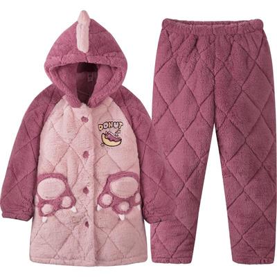 噜噜牛冬季女童法兰绒夹棉家居服