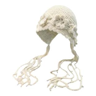 手工钩织立体花朵帽子女韩系珍珠流苏套头帽保暖护耳毛线帽子秋冬