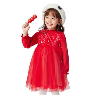 巴拉巴拉女童连衣裙小童宝宝网纱公主裙儿童红色拜年服秋季童装潮