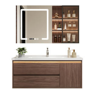 惠达中古风陶瓷一体盆浴室柜组合卫生间胡桃色洗手脸盆洗漱台盆柜