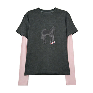 迎梦粉马~粉色小马图案假两件长袖T恤女韩系chic宽松百搭灰色上衣