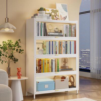 家用钢制书柜儿童铁艺书架带门防尘收纳柜多层落地储物柜置物架子