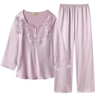 美标长袖真丝睡衣女春夏100%桑蚕丝凉感丝绸蕾丝短袖家居服套装秋
