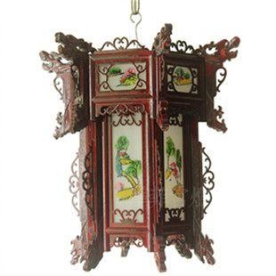 高档实木玻璃宫灯花鸟山水茶楼仿古木雕灯笼景区寺庙复古六角灯笼