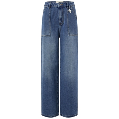 宝姿PORTSPURE女装舒适可拆卸珍珠吊坠丹宁阔腿牛仔裤