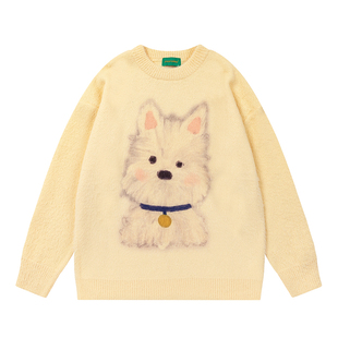 悟空有货复古趣味狗狗图案马海毛圆领毛衣男女潮牌宽松情侣针织衫