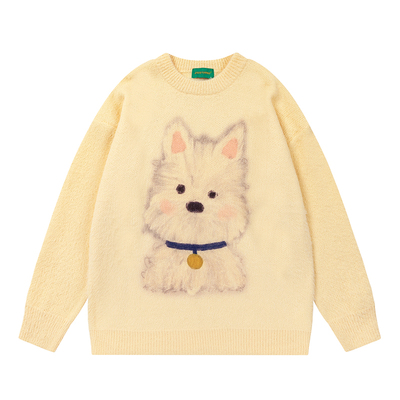 悟空有货复古趣味狗狗图案马海毛圆领毛衣男女潮牌宽松情侣针织衫