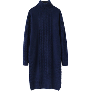 俘获你的心！加厚高领羊绒衫女中长款过膝纯羊绒毛衣女开叉连衣裙