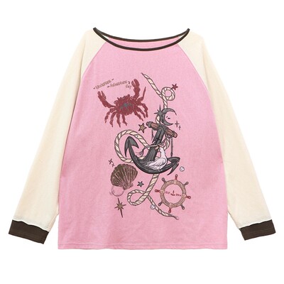 主题印花竹节纹撞色插肩袖T恤