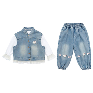 女童春季套装2026新款洋气时髦儿童牛仔马甲三件套宝宝超好看春装