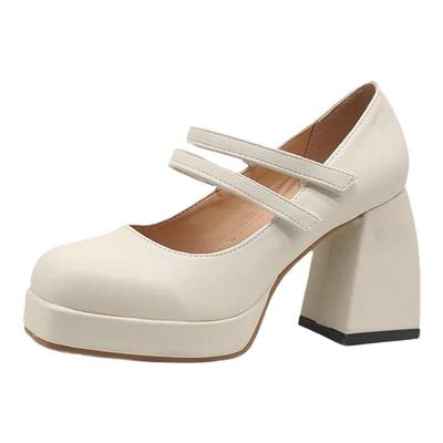 防水一字扣粗跟风玛丽珍鞋粗跟