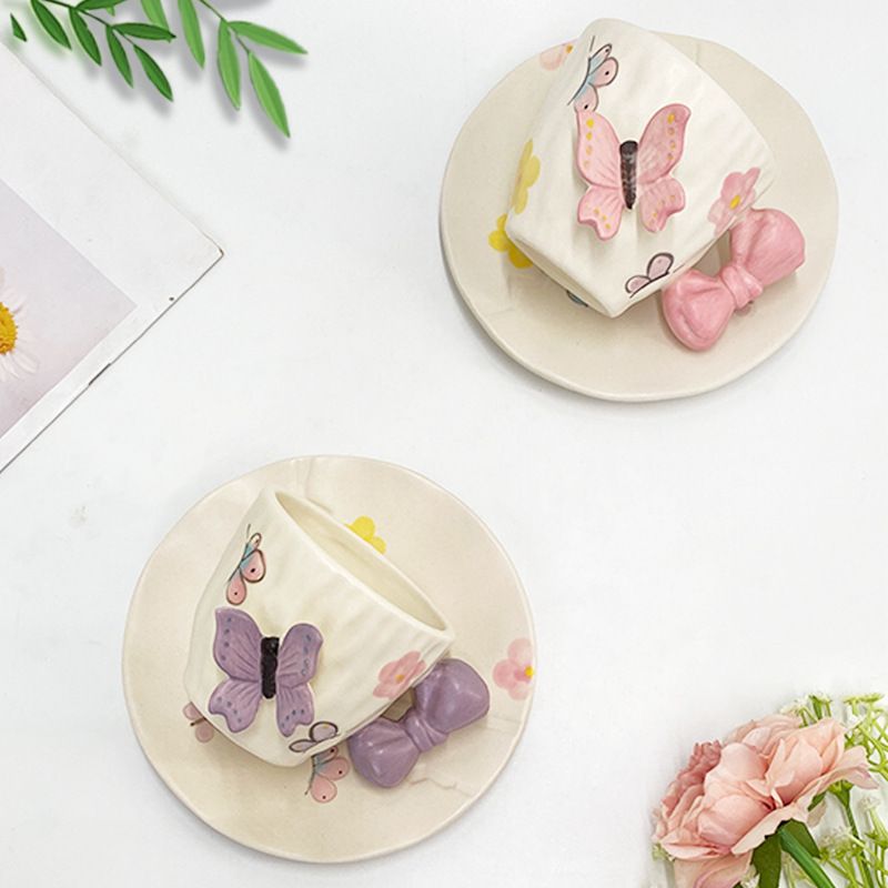跨境ins风少女心手捏蝴蝶结咖啡杯碟下午茶陶瓷杯可爱立体蝴蝶杯