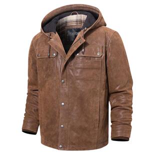 海宁秋冬新款真皮皮衣男 欧美真皮夹克美式复古休闲连帽加棉外套