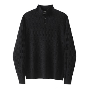 特价 雅痞通勤感黑色绞花肌理提花针织衫男秋冬老钱风半高领毛衣